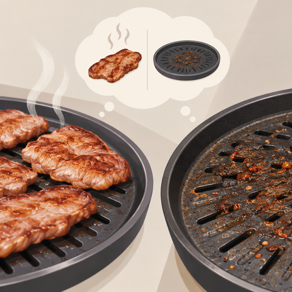 AI 생성 설명 이미지: 안산일동맛집 유니드정육식당 | 눌어붙은 찌꺼기와 고기 갈변, 불판 교체를 고민할 때